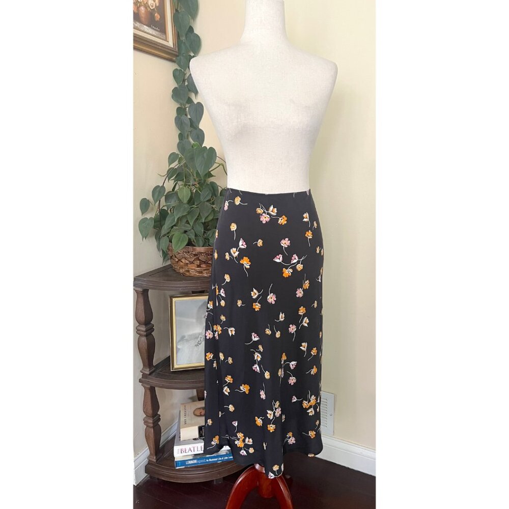 Popsugar Black Floral Midi Slip Skirt sz L NEW with tags
